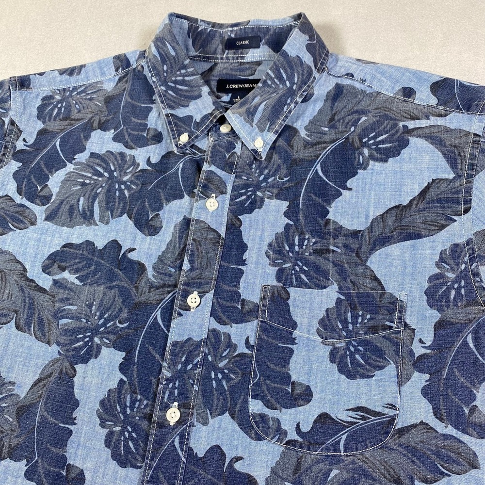 J Crew Jeans Mens Large Blue Floral Hawaiian Classic Short Sleeve Button Down